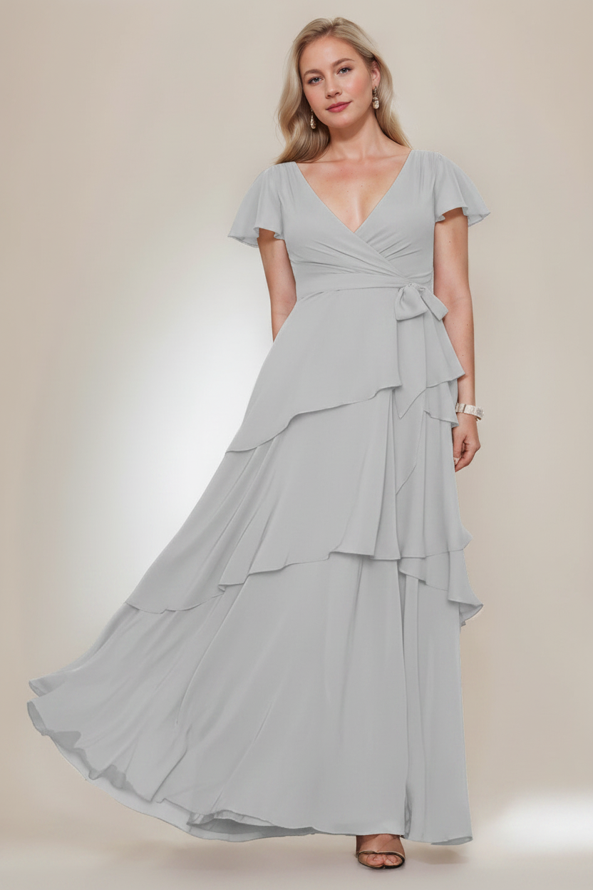 A-Line/Princess V-Neck Short Sleeves Floor-Length Plus Size Mother of the Bride Dresses with Ruffles