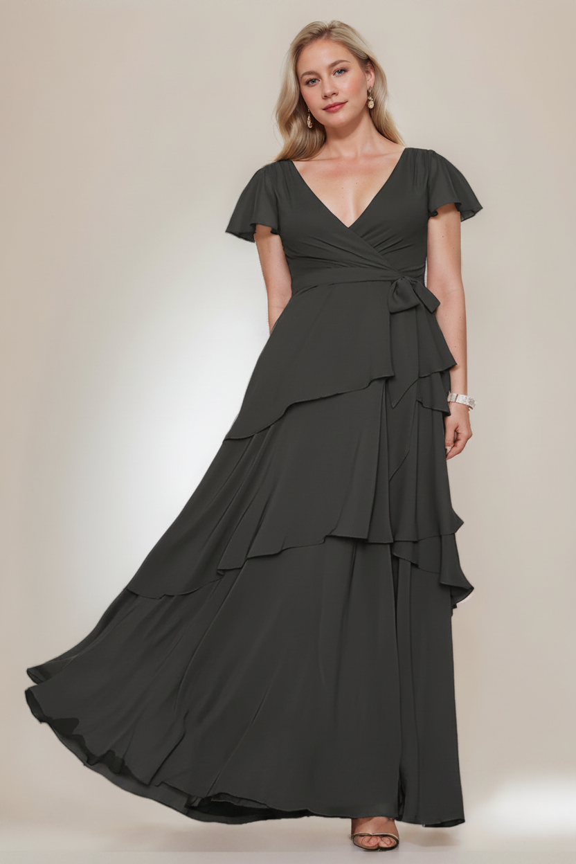 A-Line/Princess V-Neck Short Sleeves Floor-Length Plus Size Mother of the Bride Dresses with Ruffles