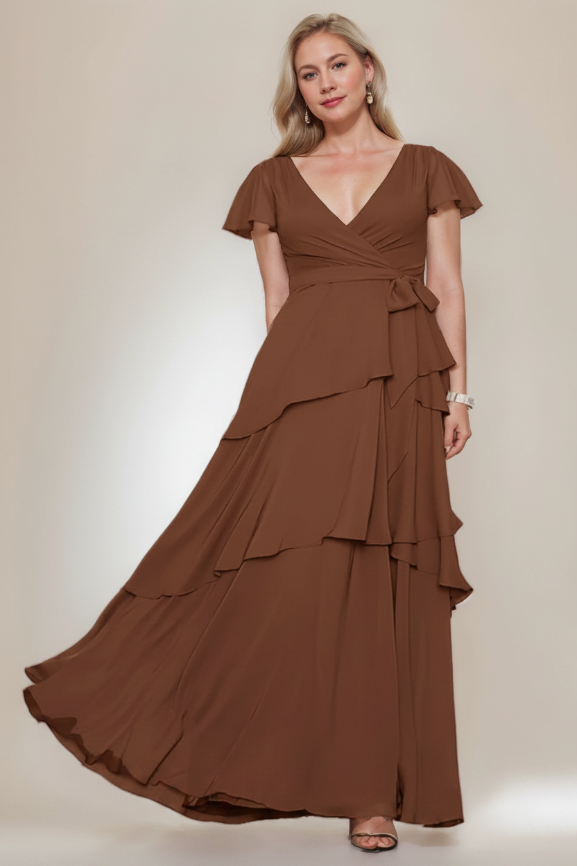 A-Line/Princess V-Neck Short Sleeves Floor-Length Plus Size Mother of the Bride Dresses with Ruffles