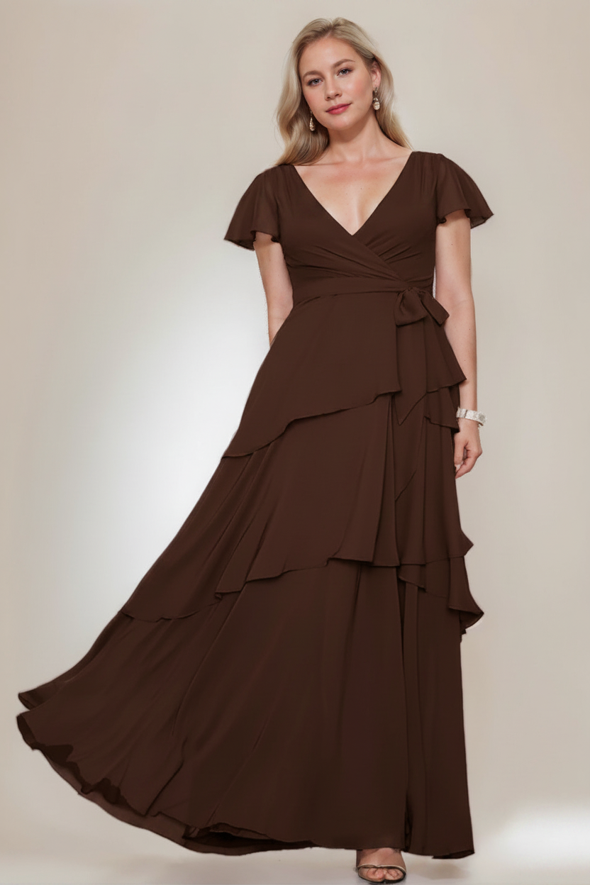 A-Line/Princess V-Neck Short Sleeves Floor-Length Plus Size Mother of the Bride Dresses with Ruffles