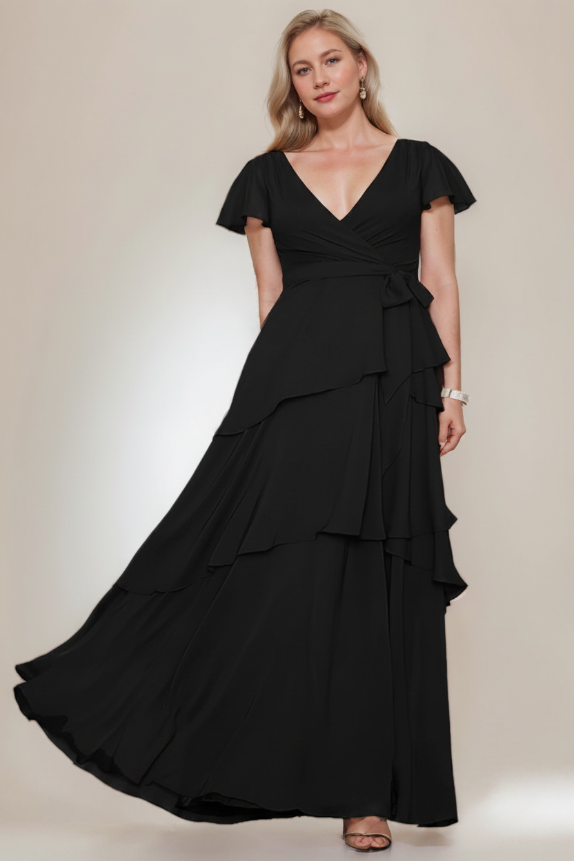 A-Line/Princess V-Neck Short Sleeves Floor-Length Plus Size Mother of the Bride Dresses with Ruffles