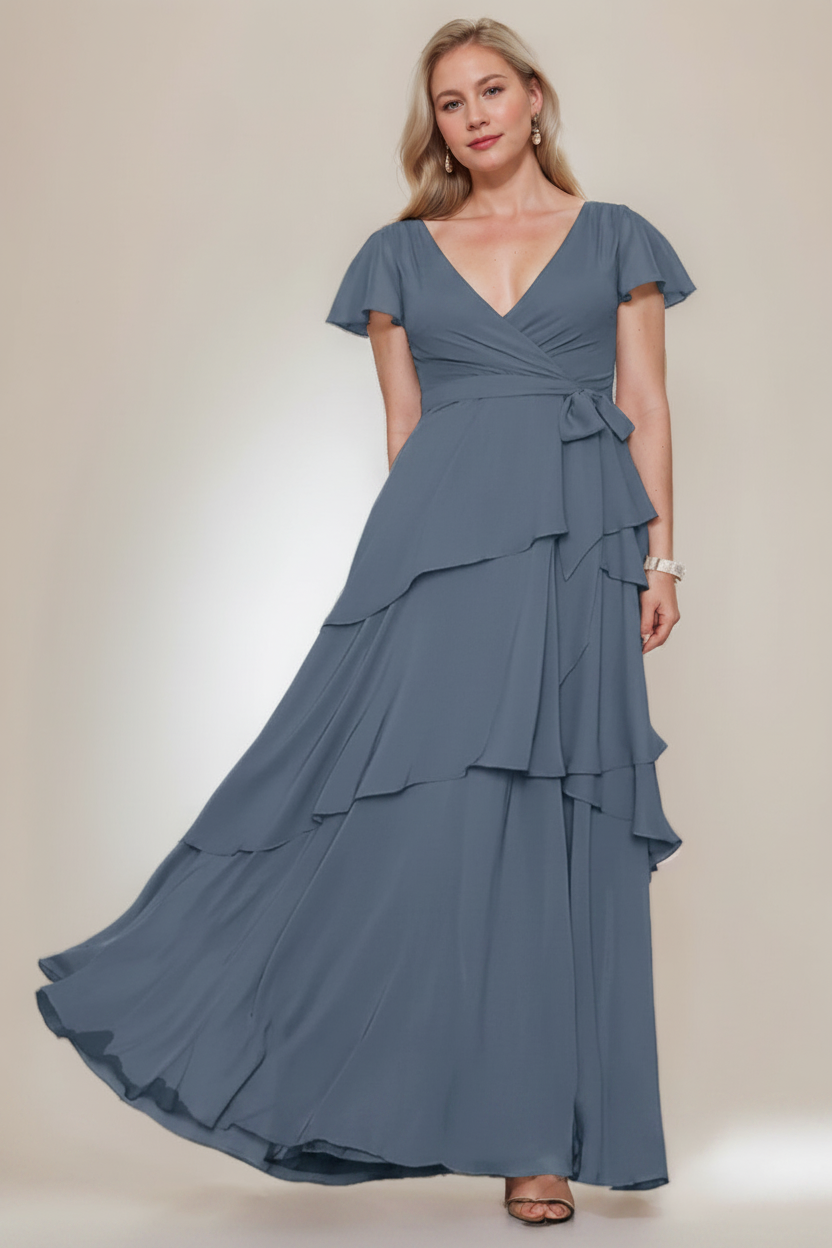 A-Line/Princess V-Neck Short Sleeves Floor-Length Plus Size Mother of the Bride Dresses with Ruffles