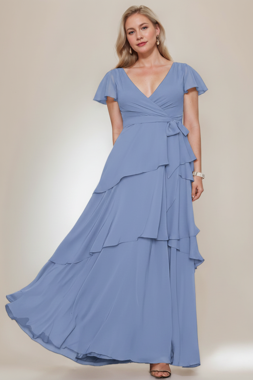 A-Line/Princess V-Neck Short Sleeves Floor-Length Plus Size Mother of the Bride Dresses with Ruffles