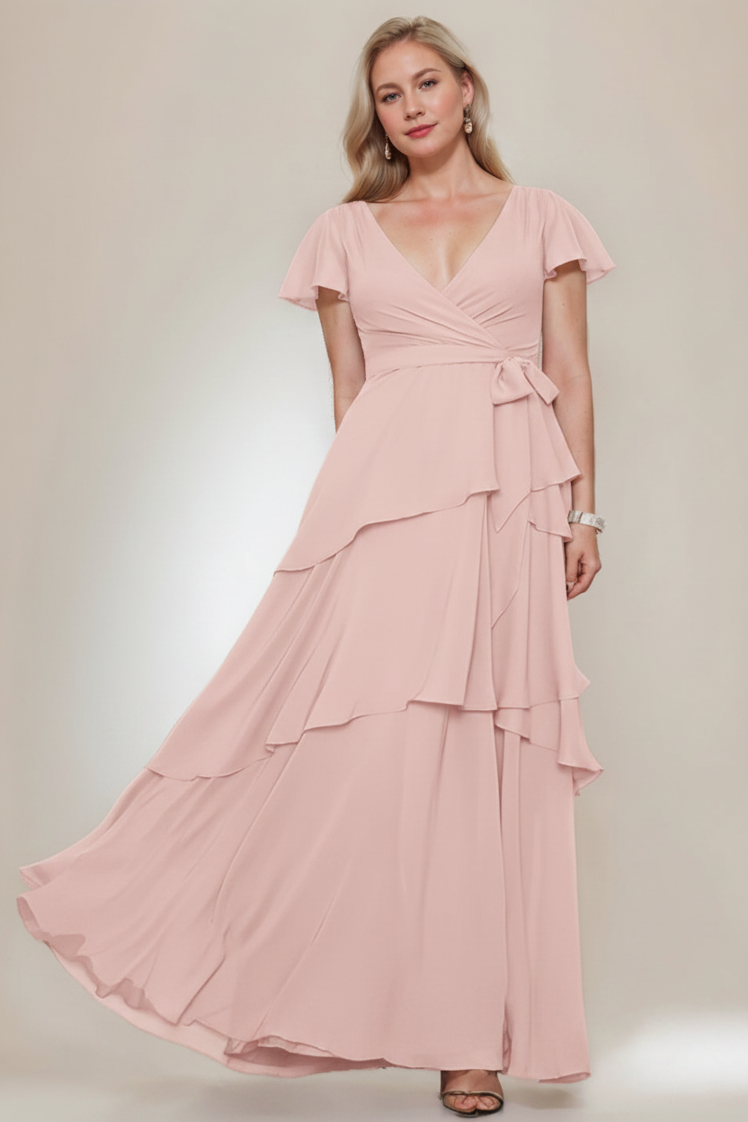 A-Line/Princess V-Neck Short Sleeves Floor-Length Plus Size Mother of the Bride Dresses with Ruffles