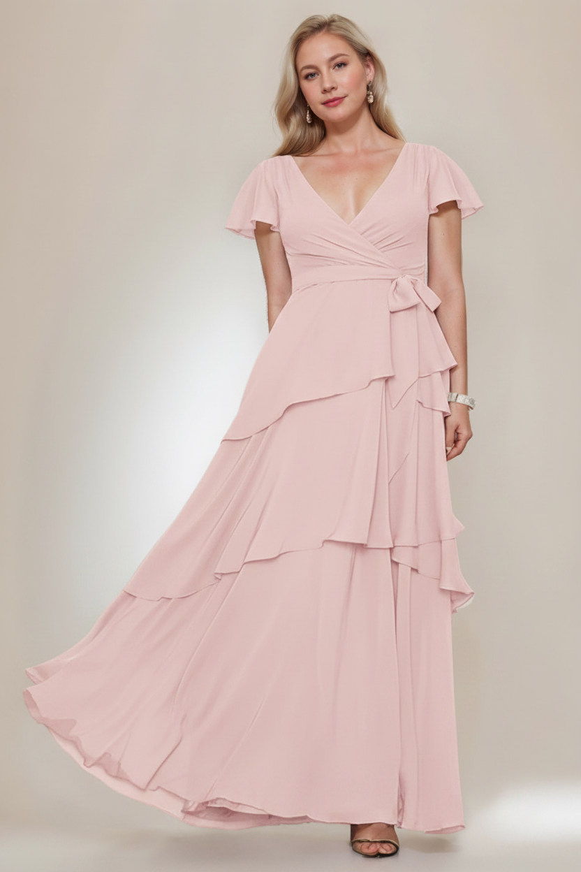 A-Line/Princess V-Neck Short Sleeves Floor-Length Plus Size Mother of the Bride Dresses with Ruffles