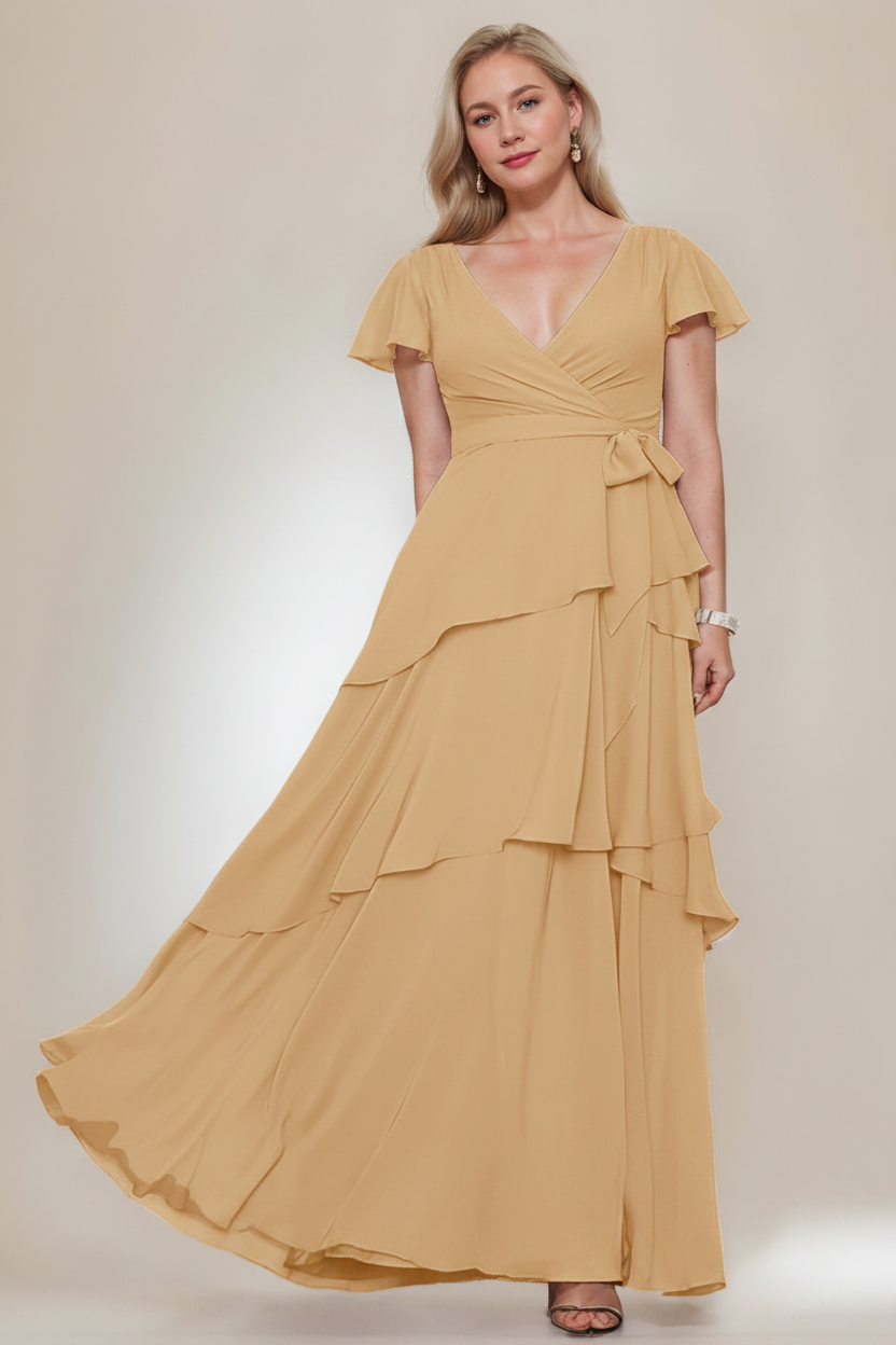 A-Line/Princess V-Neck Short Sleeves Floor-Length Plus Size Mother of the Bride Dresses with Ruffles