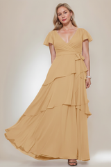 A-Line/Princess V-Neck Short Sleeves Floor-Length Plus Size Mother of the Bride Dresses with Ruffles