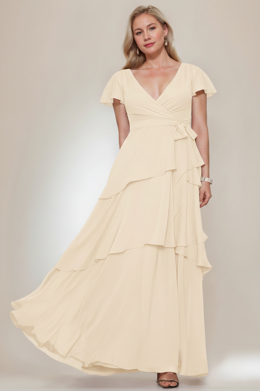 A-Line/Princess V-Neck Short Sleeves Floor-Length Plus Size Mother of the Bride Dresses with Ruffles