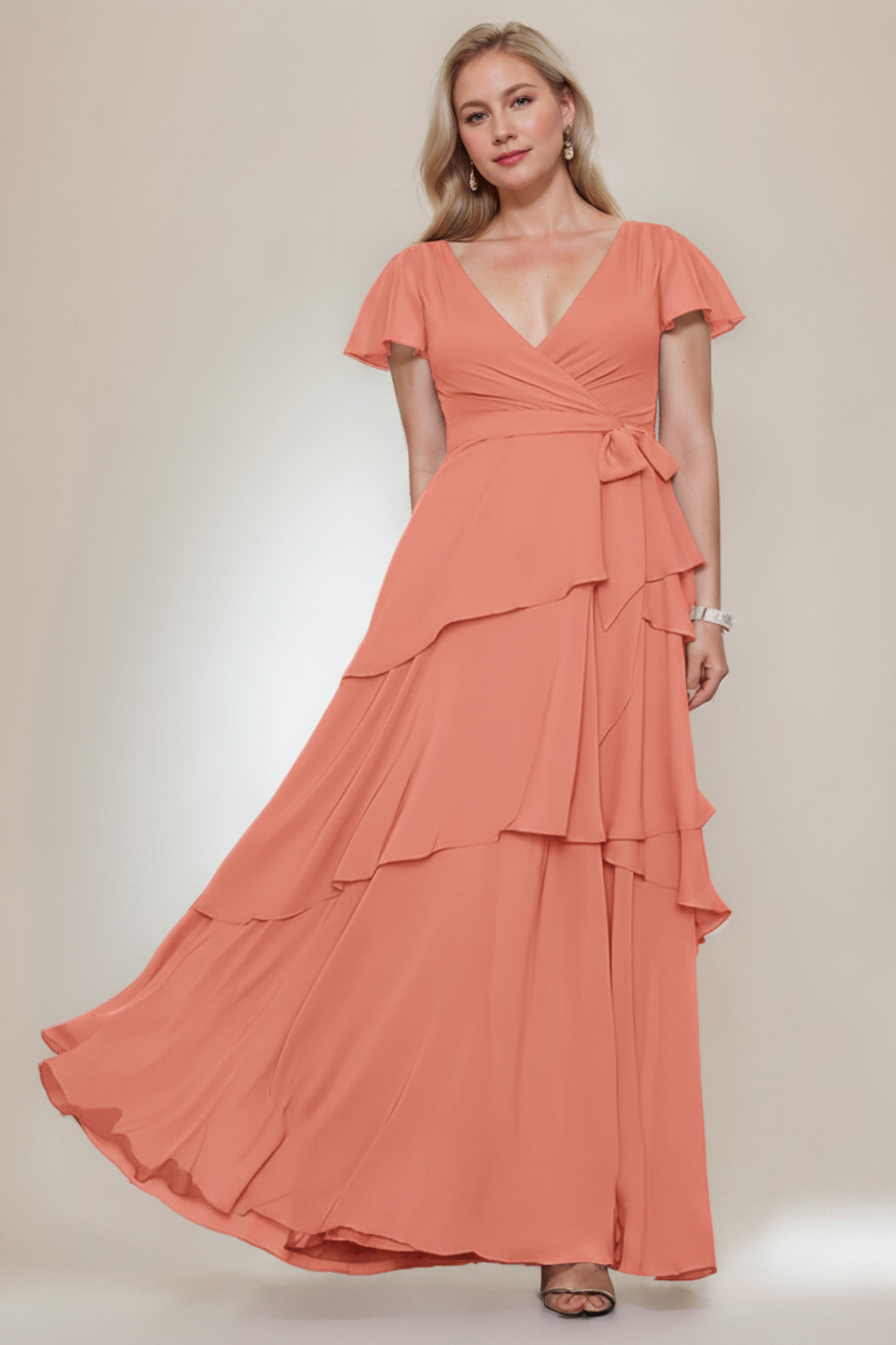 A-Line/Princess V-Neck Short Sleeves Floor-Length Plus Size Mother of the Bride Dresses with Ruffles