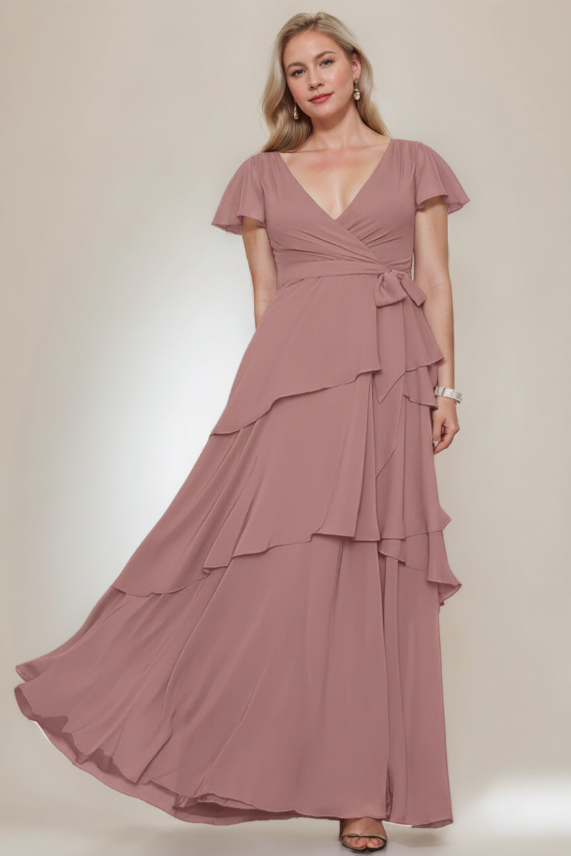 A-Line/Princess V-Neck Short Sleeves Floor-Length Plus Size Mother of the Bride Dresses with Ruffles