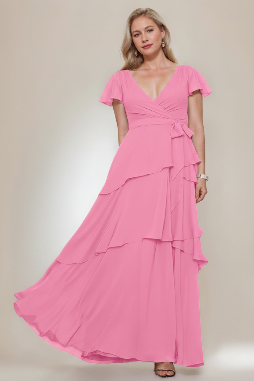 A-Line/Princess V-Neck Short Sleeves Floor-Length Plus Size Mother of the Bride Dresses with Ruffles