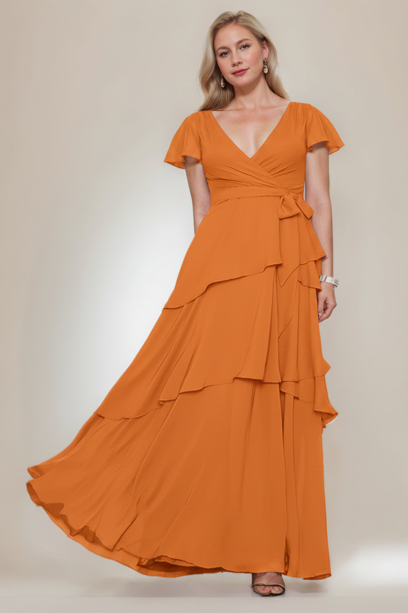A-Line/Princess V-Neck Short Sleeves Floor-Length Plus Size Mother of the Bride Dresses with Ruffles