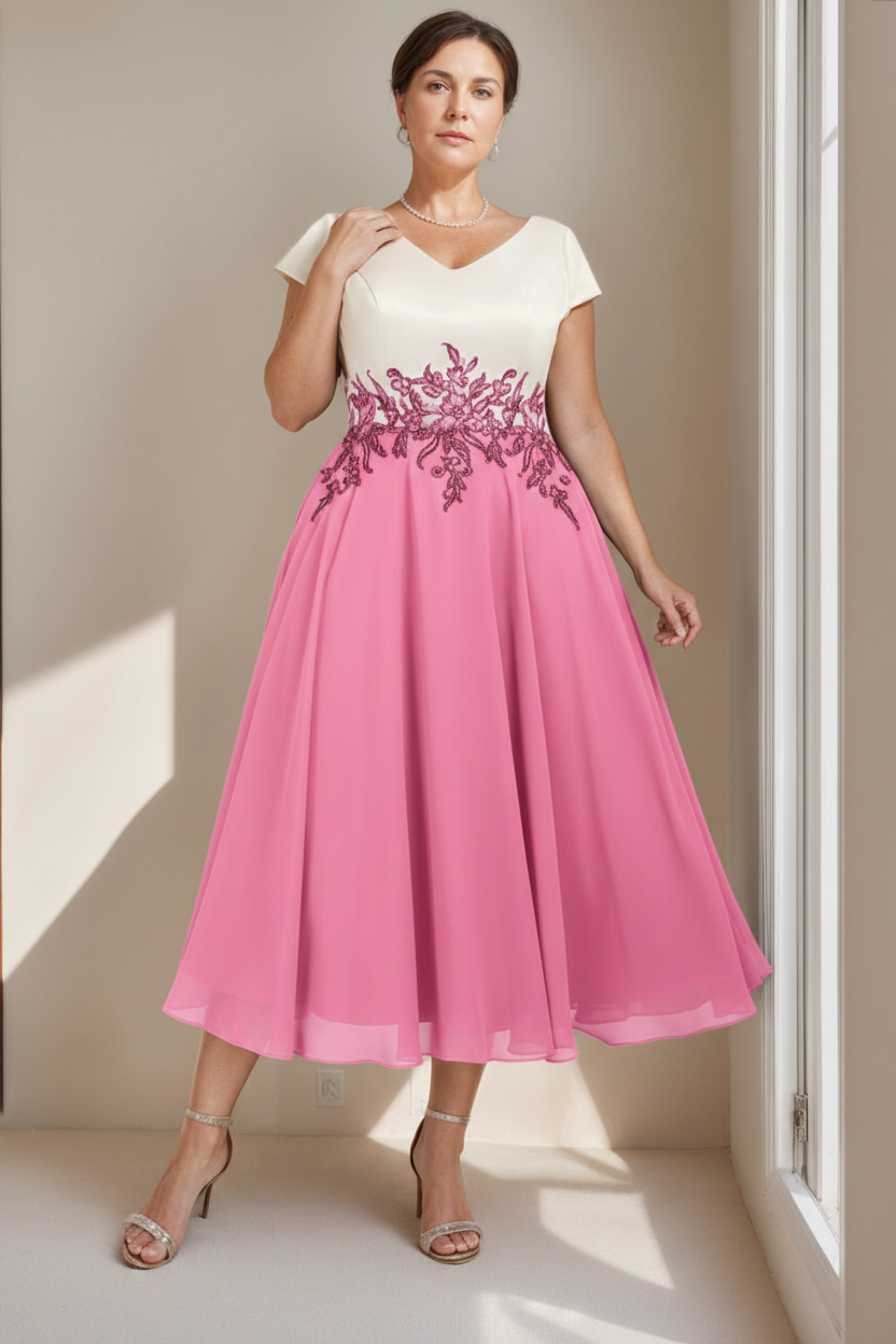 A-Line/Princess V-Neck Short Sleeves Tea-Length Plus Size Mother of the Bride Dresses with Lace
