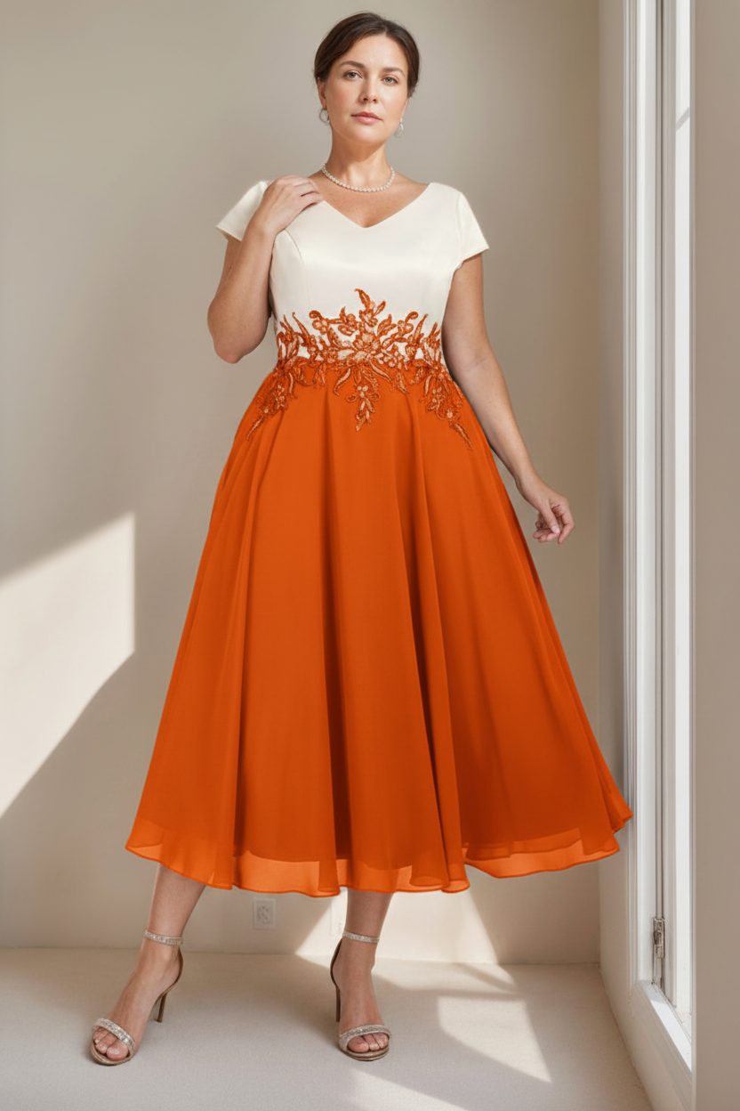 A-Line/Princess V-Neck Short Sleeves Tea-Length Plus Size Mother of the Bride Dresses with Lace