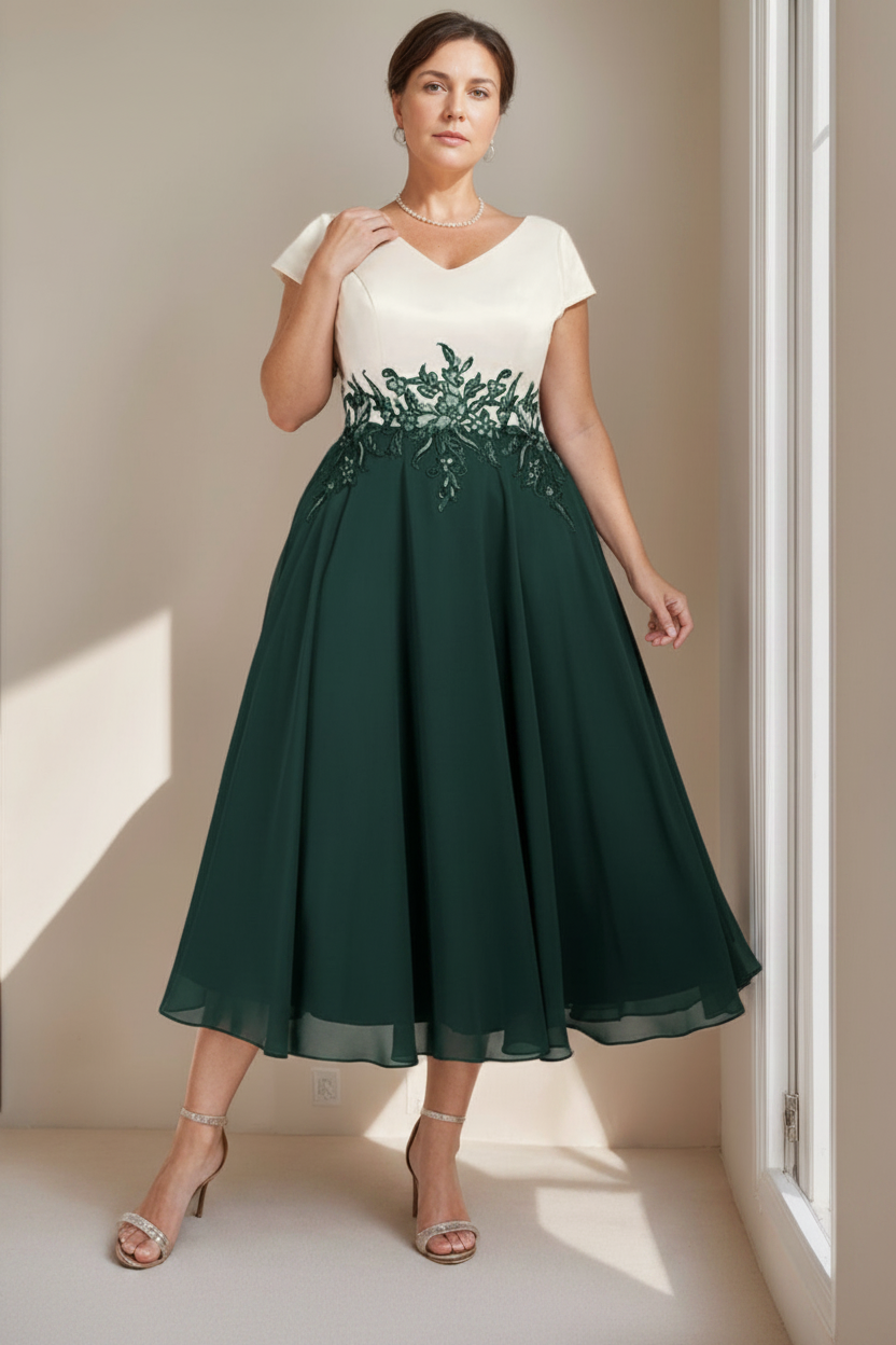 A-Line/Princess V-Neck Short Sleeves Tea-Length Plus Size Mother of the Bride Dresses with Lace