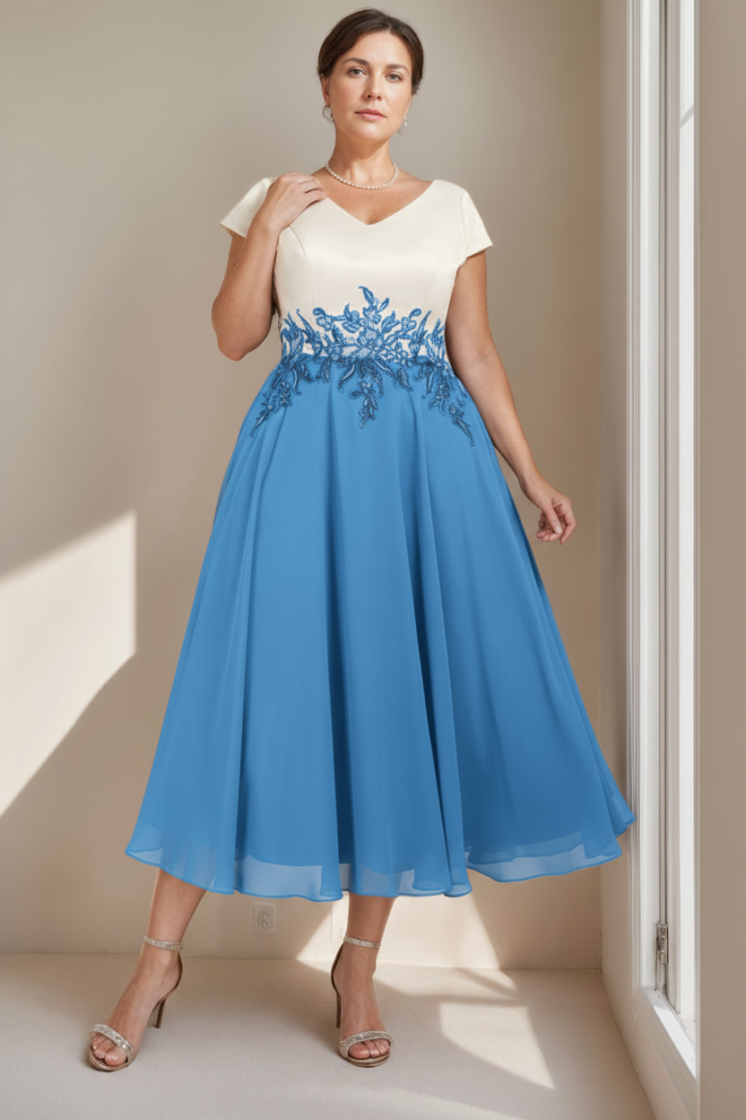 A-Line/Princess V-Neck Short Sleeves Tea-Length Plus Size Mother of the Bride Dresses with Lace