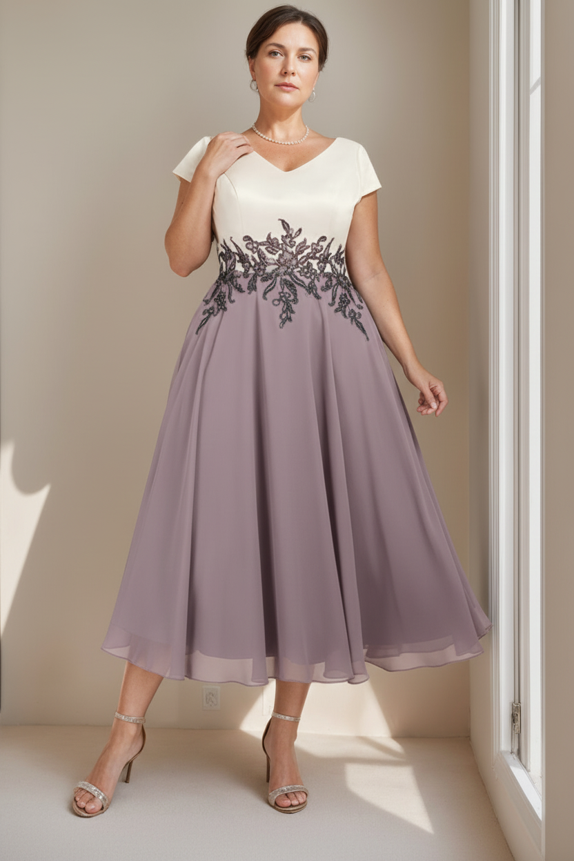 A-Line/Princess V-Neck Short Sleeves Tea-Length Plus Size Mother of the Bride Dresses with Lace