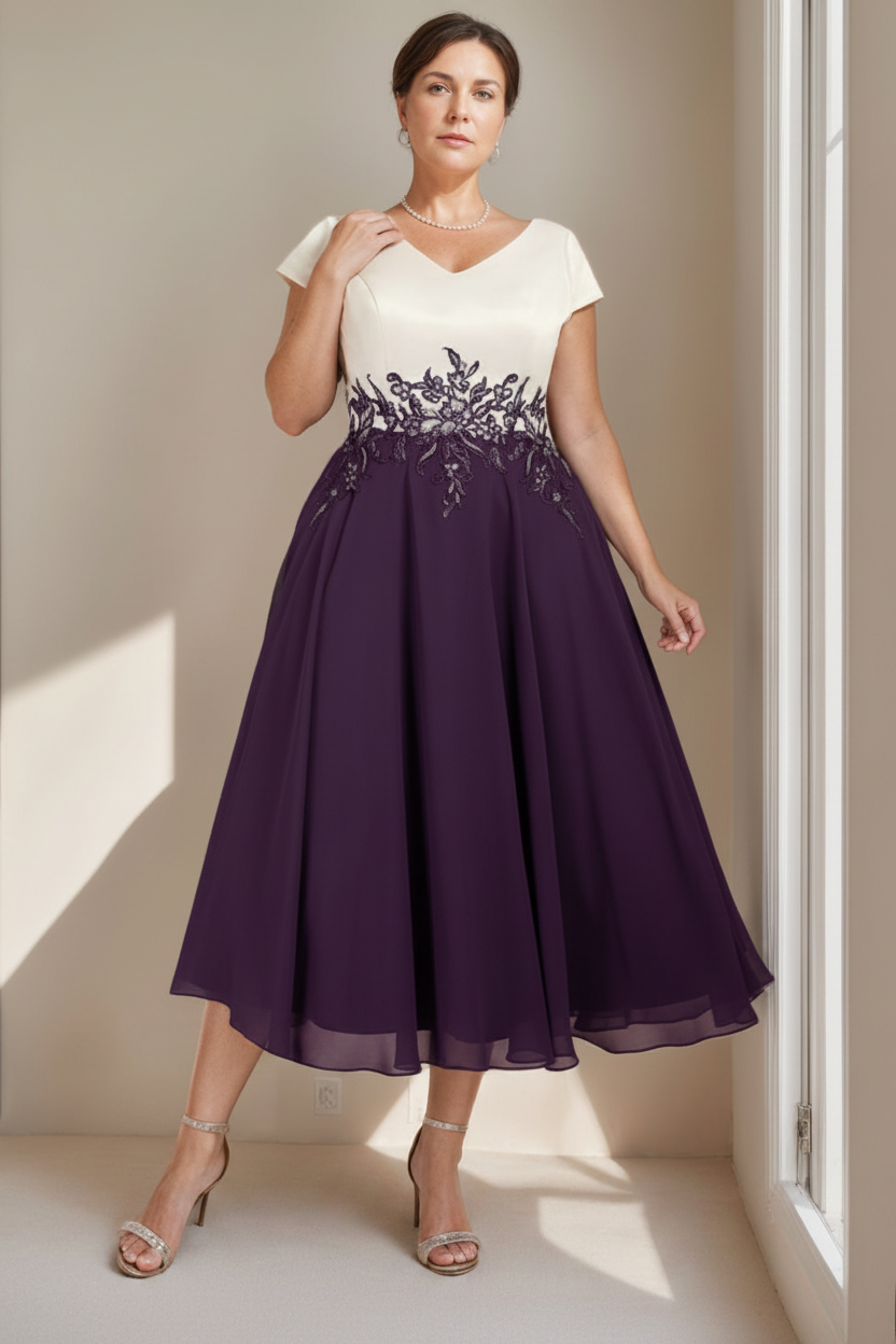 A-Line/Princess V-Neck Short Sleeves Tea-Length Plus Size Mother of the Bride Dresses with Lace