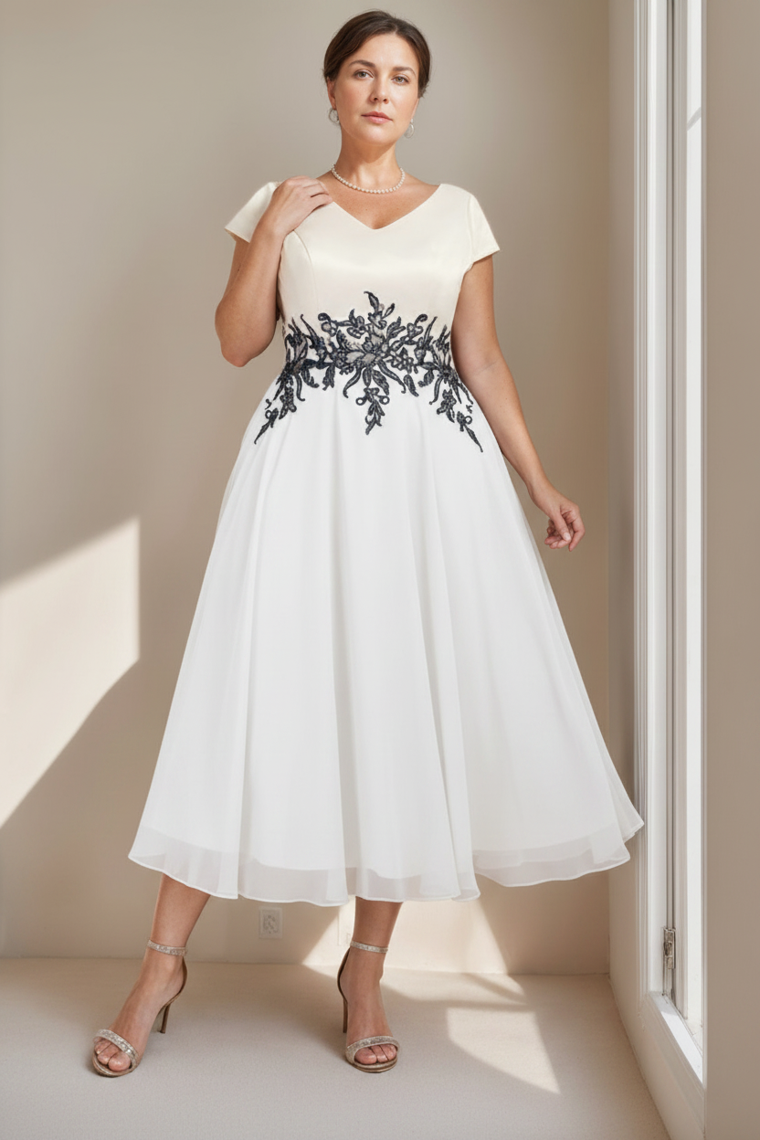 A-Line/Princess V-Neck Short Sleeves Tea-Length Plus Size Mother of the Bride Dresses with Lace