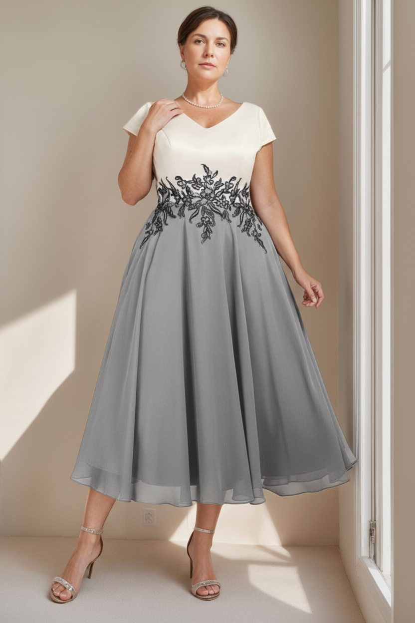 A-Line/Princess V-Neck Short Sleeves Tea-Length Plus Size Mother of the Bride Dresses with Lace