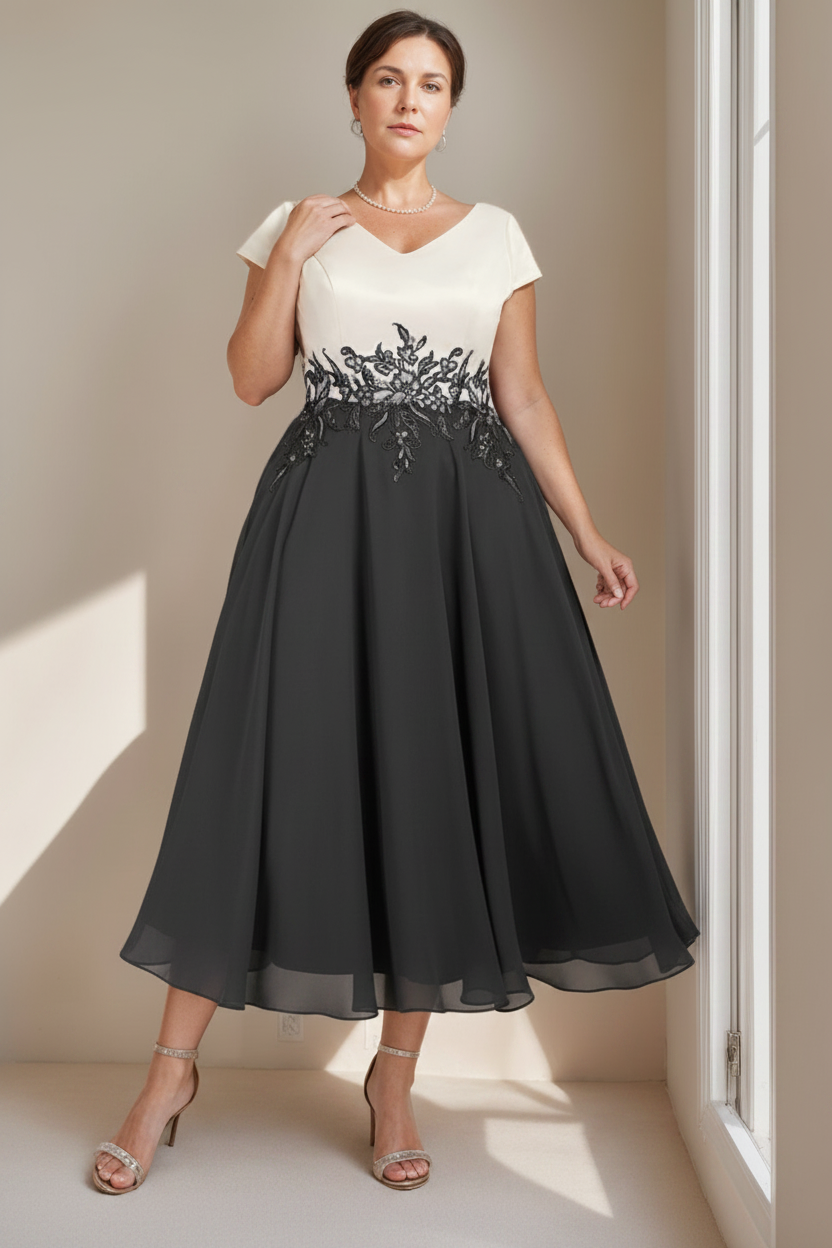 A-Line/Princess V-Neck Short Sleeves Tea-Length Plus Size Mother of the Bride Dresses with Lace