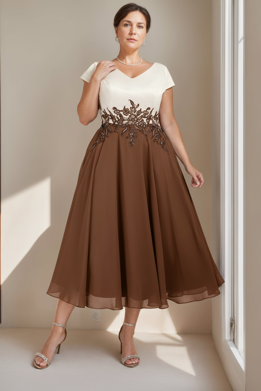 A-Line/Princess V-Neck Short Sleeves Tea-Length Plus Size Mother of the Bride Dresses with Lace