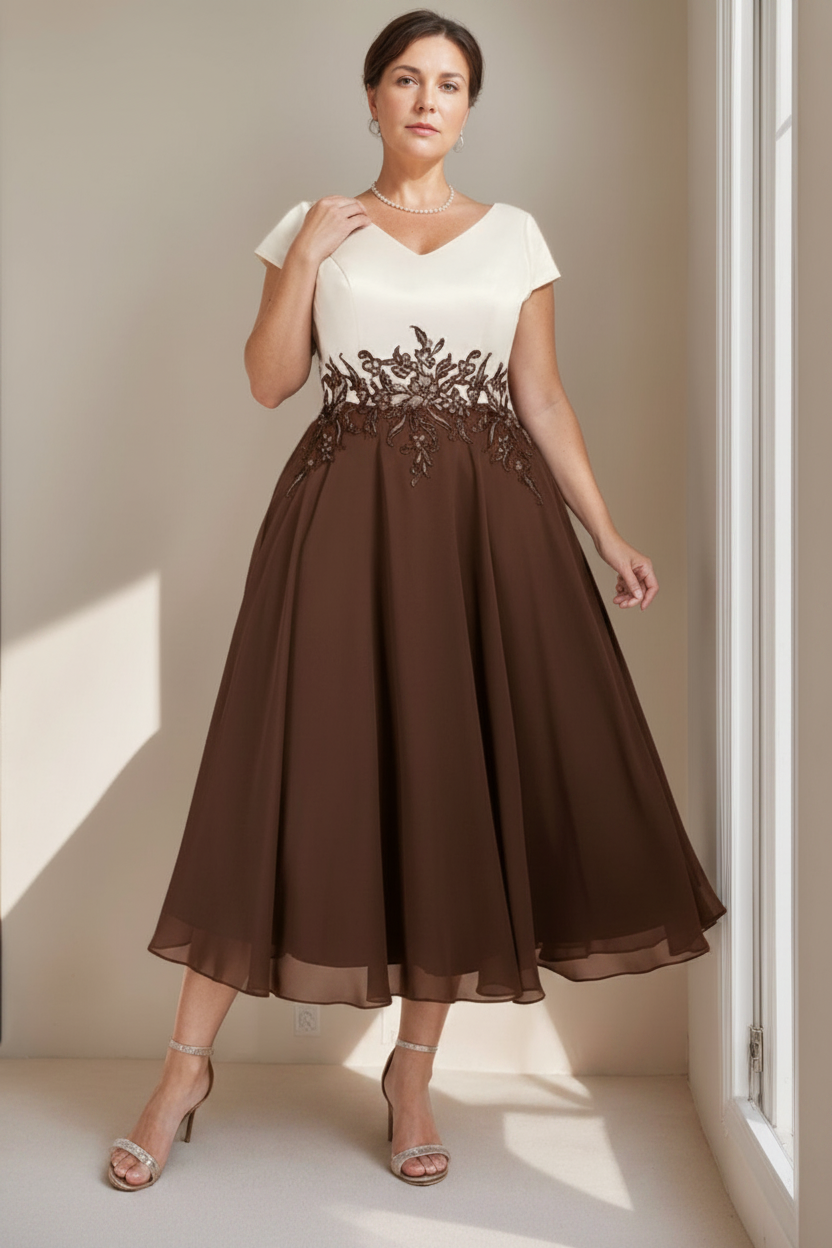 A-Line/Princess V-Neck Short Sleeves Tea-Length Plus Size Mother of the Bride Dresses with Lace