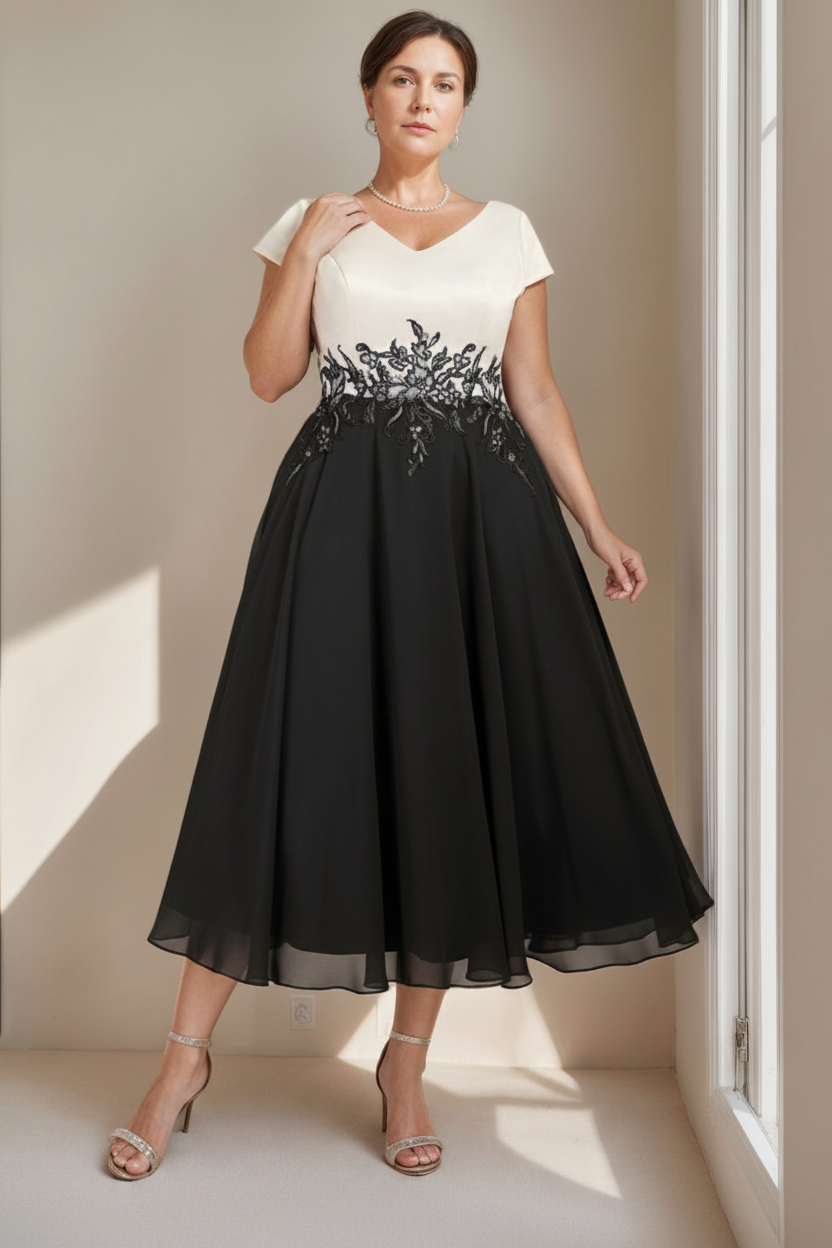 A-Line/Princess V-Neck Short Sleeves Tea-Length Plus Size Mother of the Bride Dresses with Lace