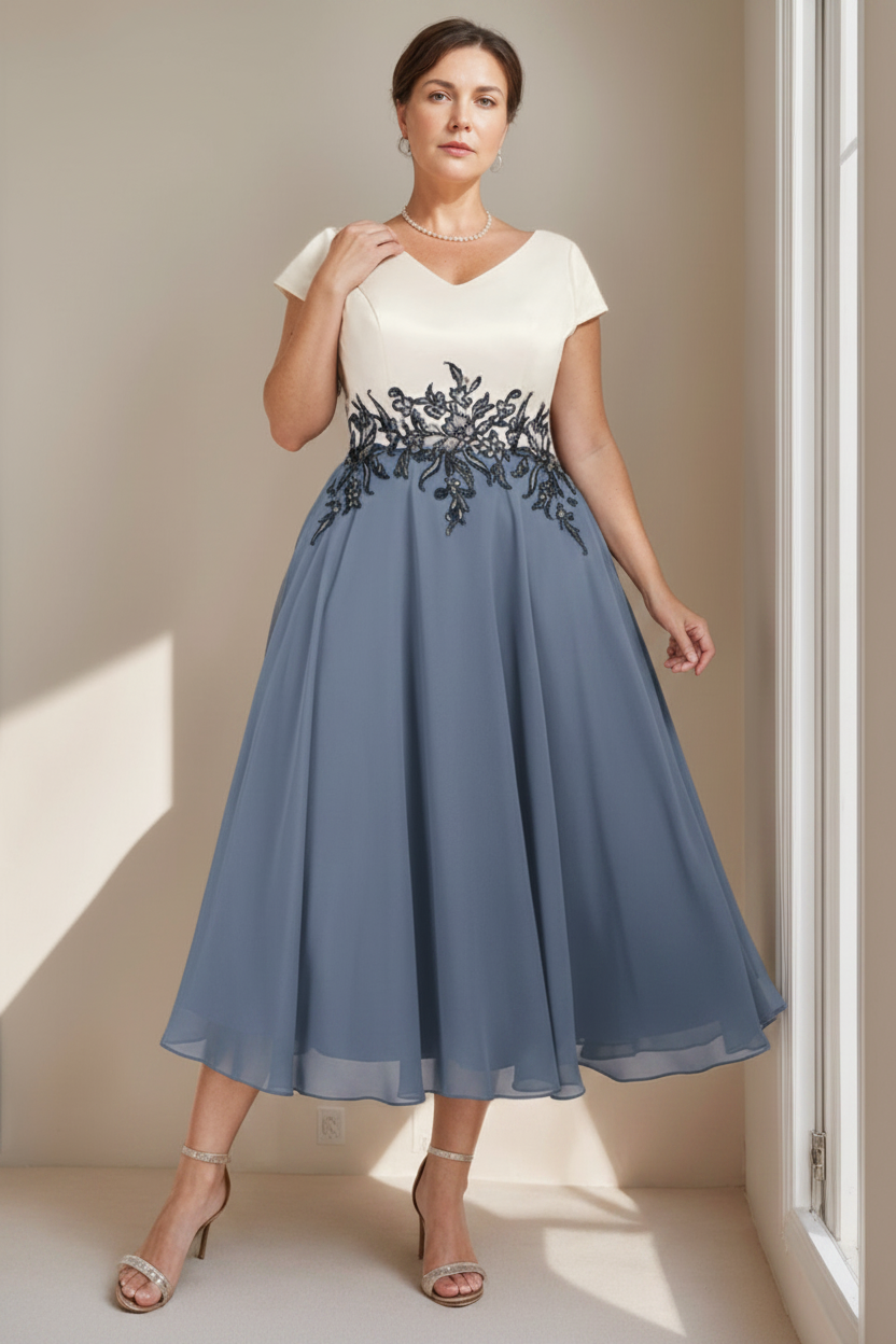 A-Line/Princess V-Neck Short Sleeves Tea-Length Plus Size Mother of the Bride Dresses with Lace