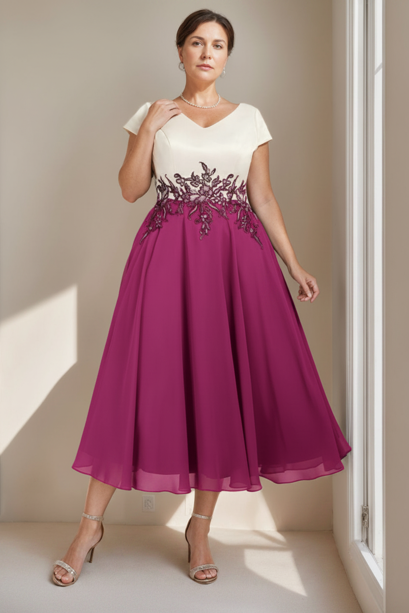 A-Line/Princess V-Neck Short Sleeves Tea-Length Plus Size Mother of the Bride Dresses with Lace