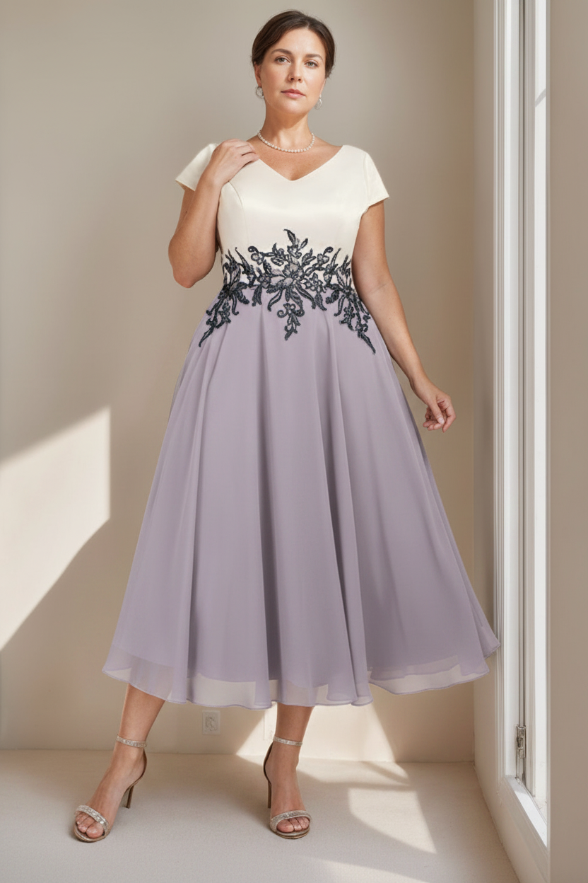 A-Line/Princess V-Neck Short Sleeves Tea-Length Plus Size Mother of the Bride Dresses with Lace
