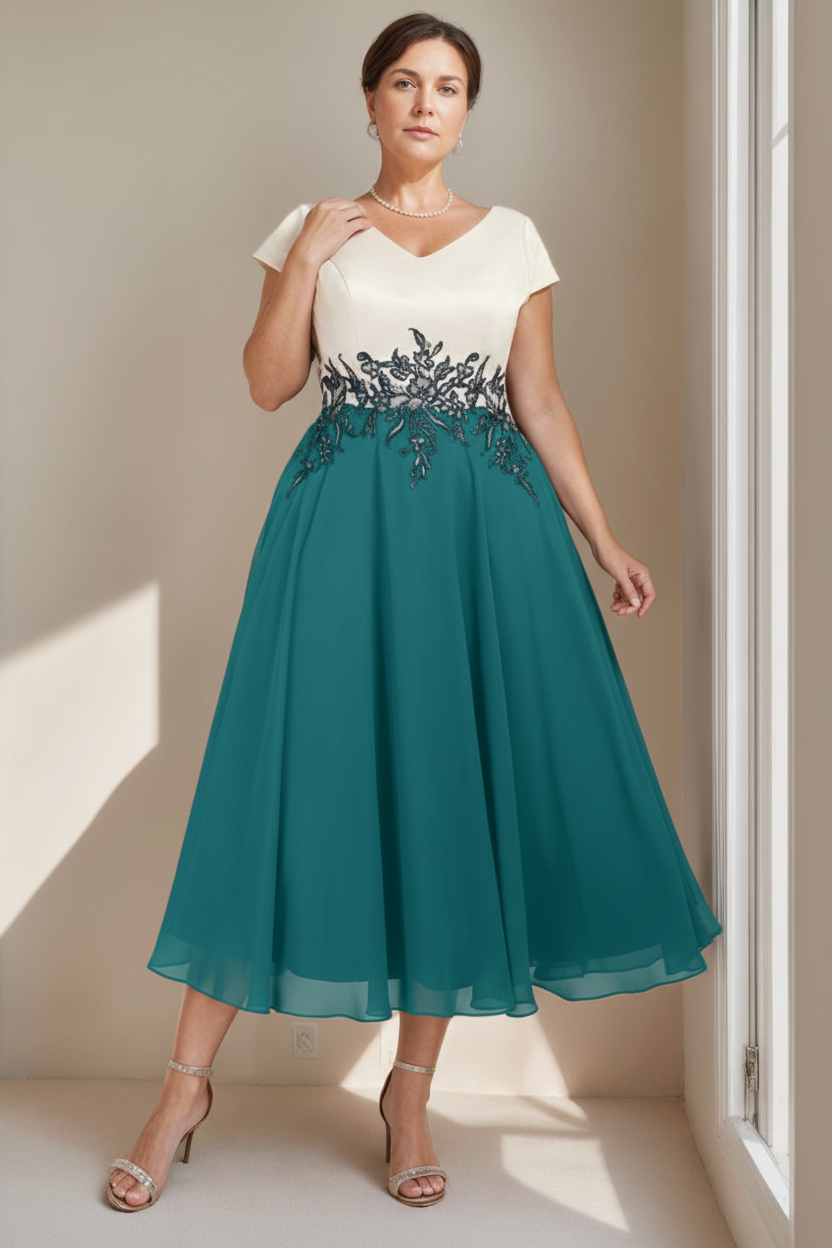 A-Line/Princess V-Neck Short Sleeves Tea-Length Plus Size Mother of the Bride Dresses with Lace