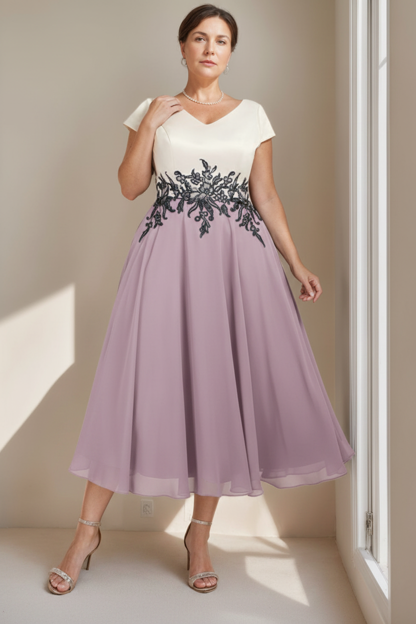 A-Line/Princess V-Neck Short Sleeves Tea-Length Plus Size Mother of the Bride Dresses with Lace
