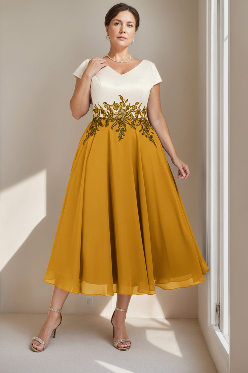 A-Line/Princess V-Neck Short Sleeves Tea-Length Plus Size Mother of the Bride Dresses with Lace