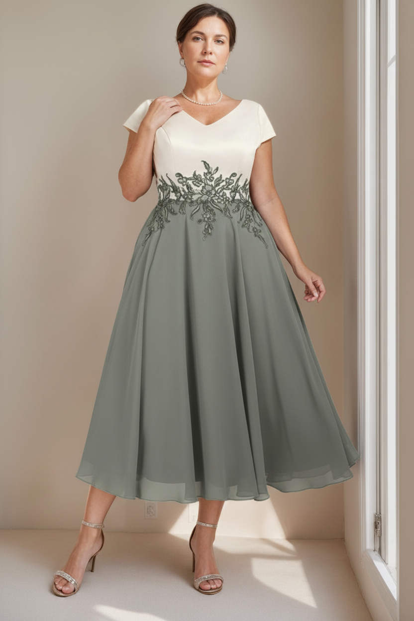 A-Line/Princess V-Neck Short Sleeves Tea-Length Plus Size Mother of the Bride Dresses with Lace
