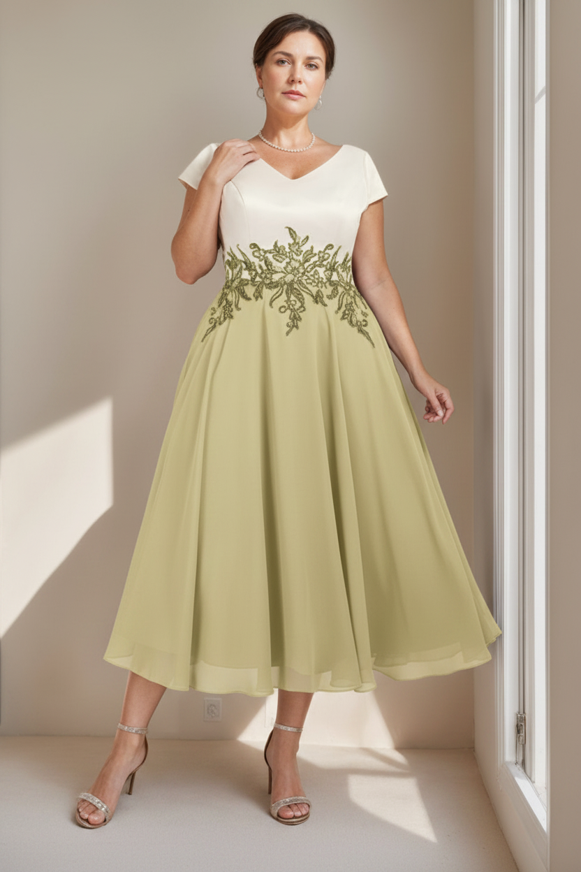 A-Line/Princess V-Neck Short Sleeves Tea-Length Plus Size Mother of the Bride Dresses with Lace