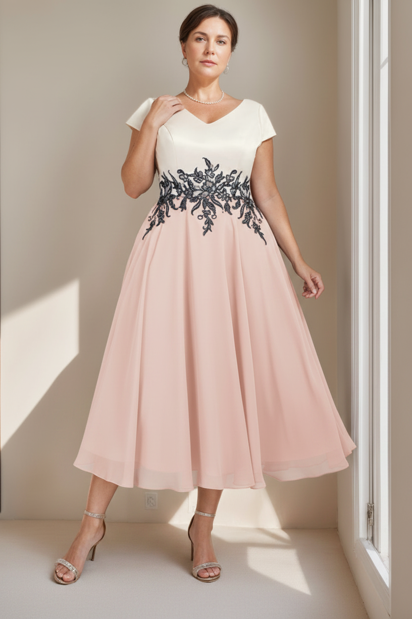A-Line/Princess V-Neck Short Sleeves Tea-Length Plus Size Mother of the Bride Dresses with Lace
