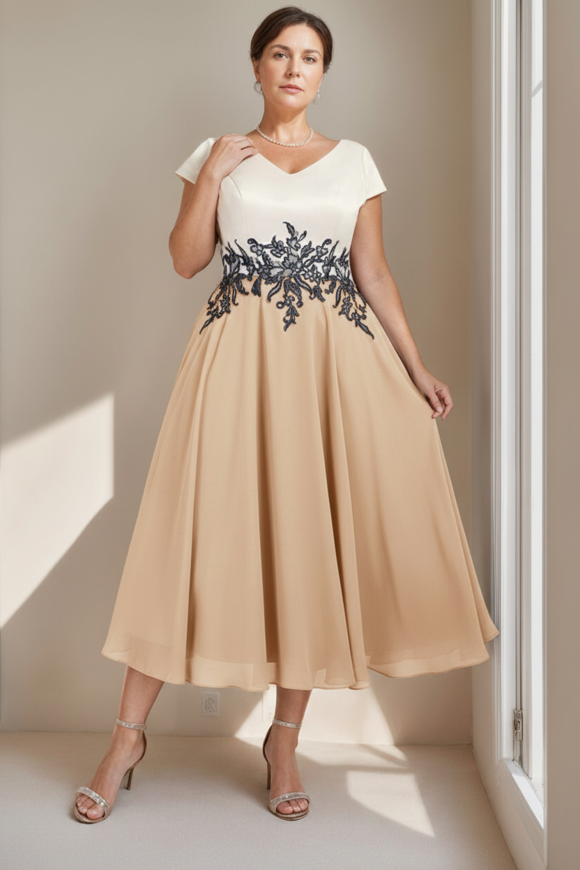 A-Line/Princess V-Neck Short Sleeves Tea-Length Plus Size Mother of the Bride Dresses with Lace