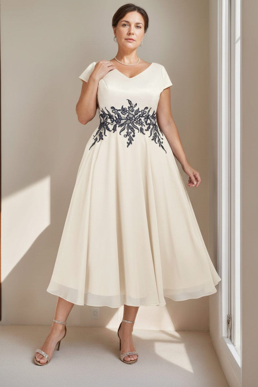 A-Line/Princess V-Neck Short Sleeves Tea-Length Plus Size Mother of the Bride Dresses with Lace