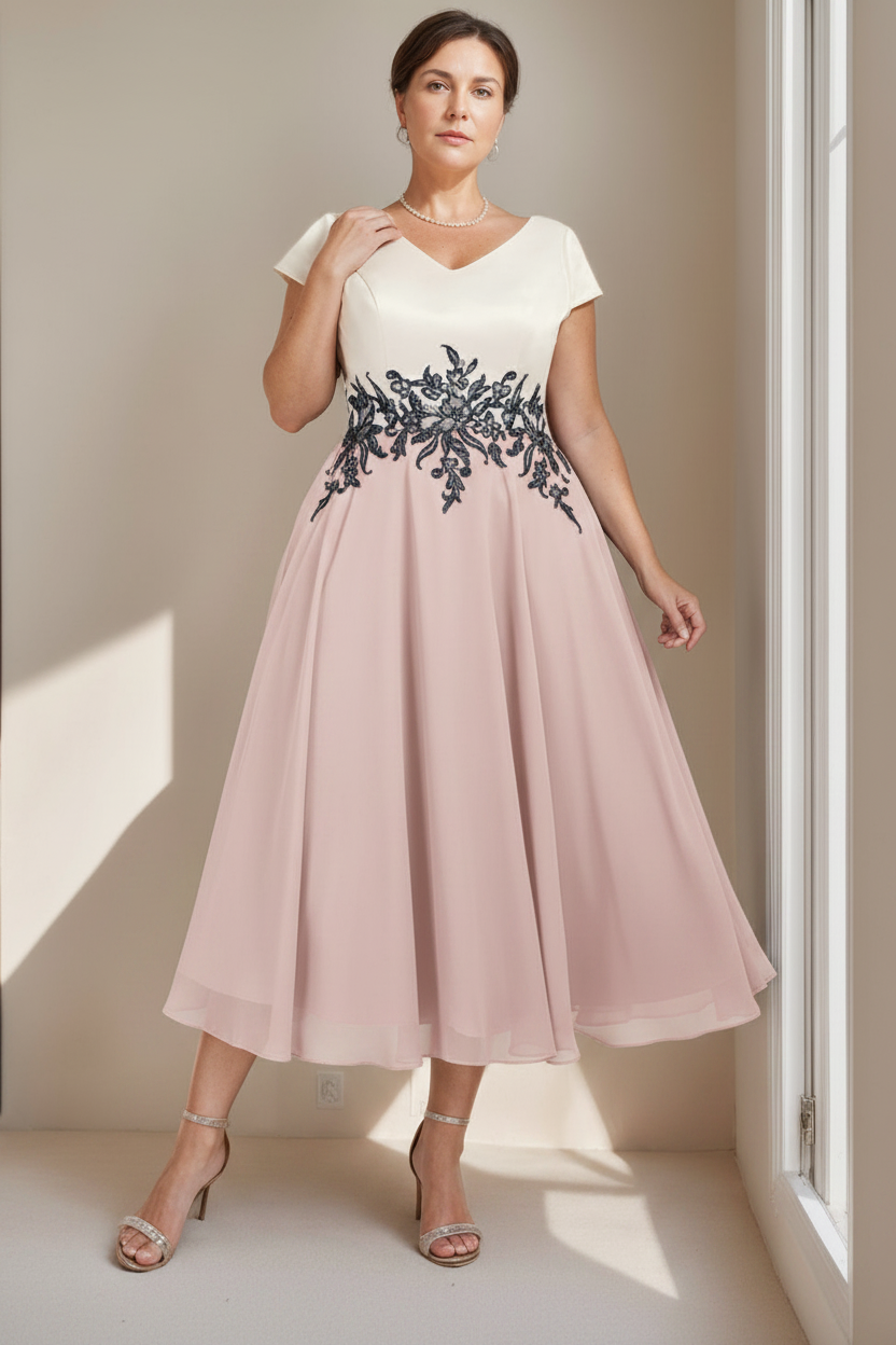 A-Line/Princess V-Neck Short Sleeves Tea-Length Plus Size Mother of the Bride Dresses with Lace
