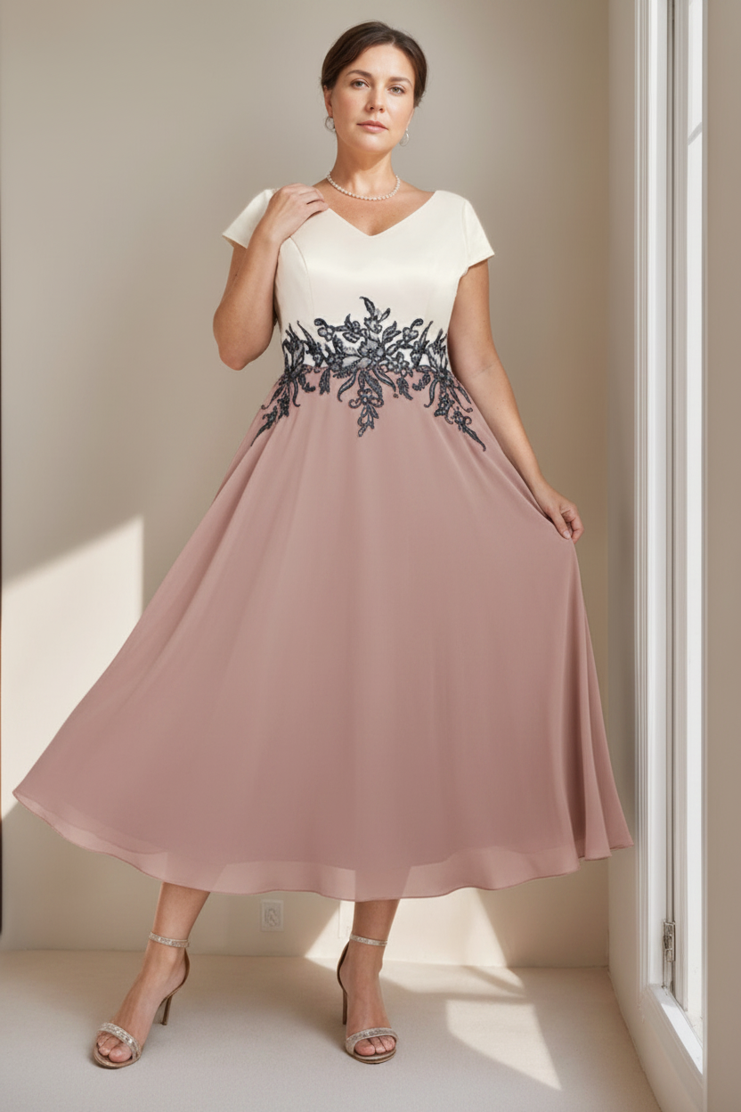 A-Line/Princess V-Neck Short Sleeves Tea-Length Plus Size Mother of the Bride Dresses with Lace