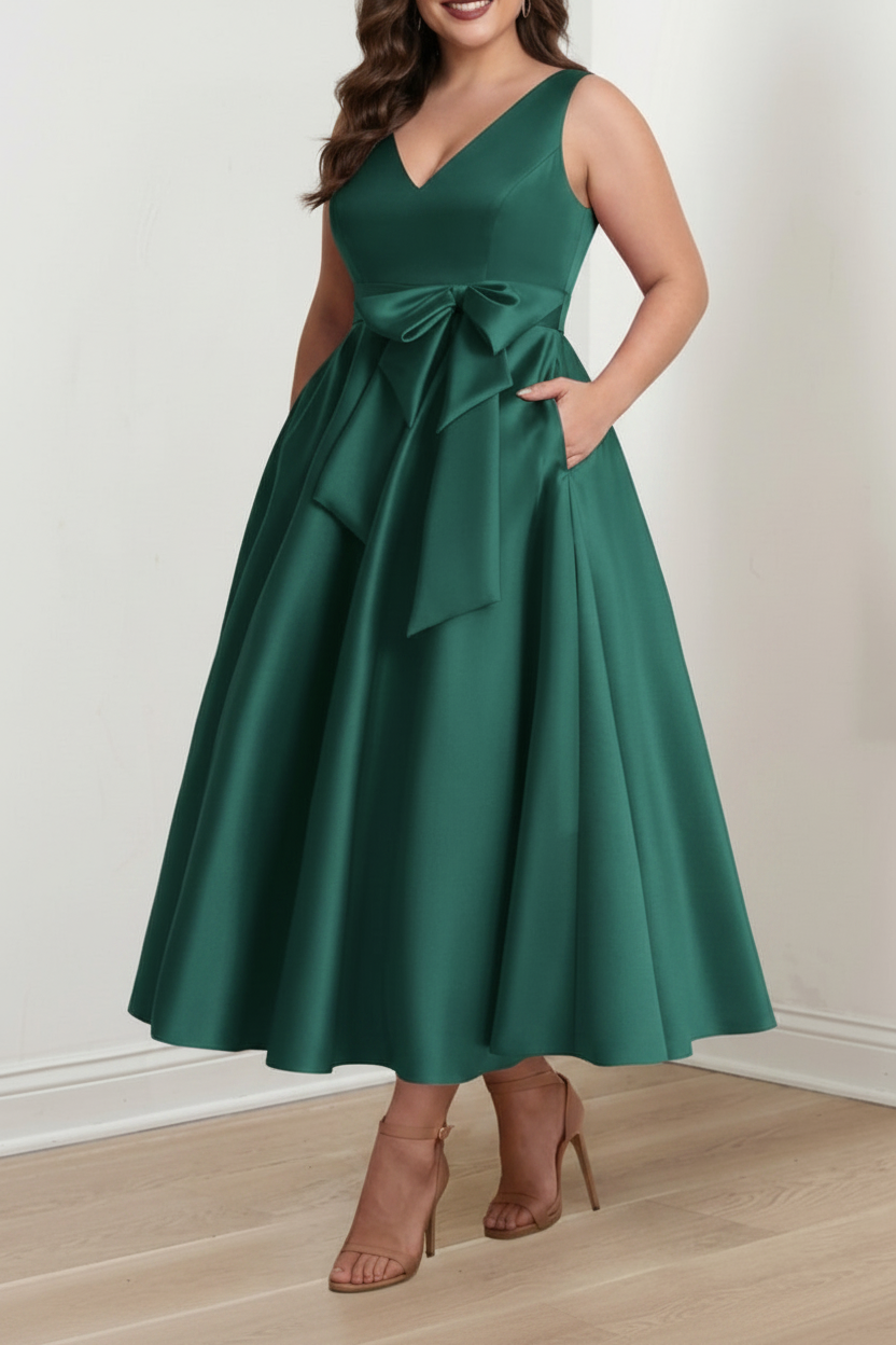 A-Line/Princess V-Neck Sleeveless Ankle-Length Plus Size Mother of the Bride Dresses with Pockets & Ruffles