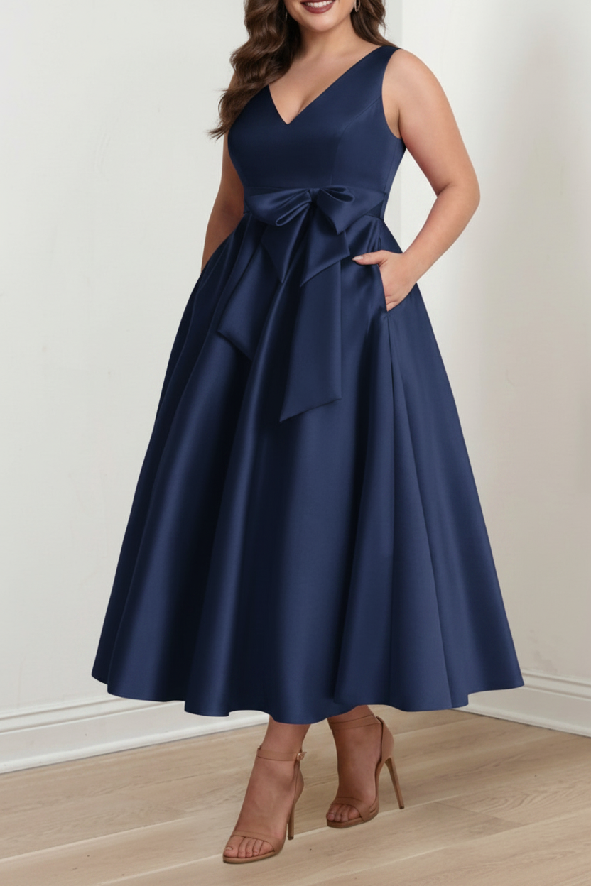 A-Line/Princess V-Neck Sleeveless Ankle-Length Plus Size Mother of the Bride Dresses with Pockets & Ruffles