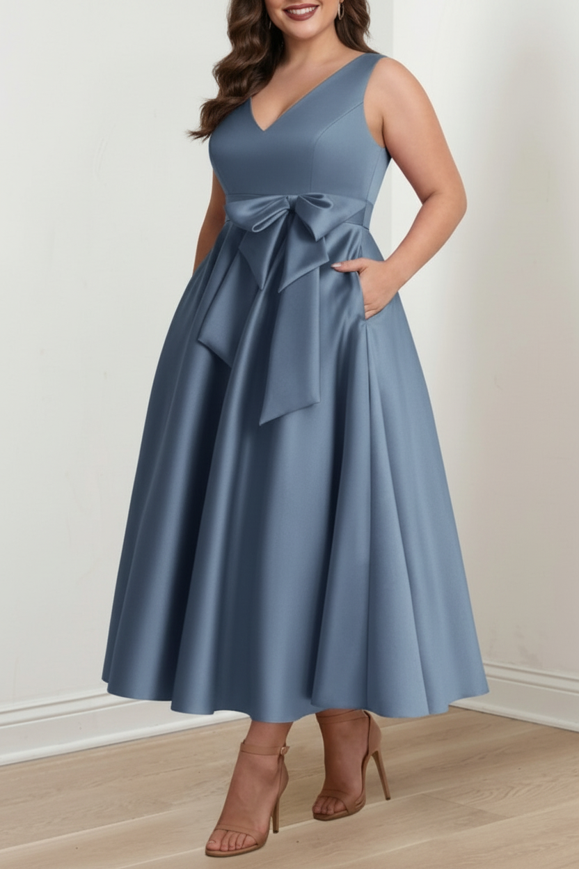 A-Line/Princess V-Neck Sleeveless Ankle-Length Plus Size Mother of the Bride Dresses with Pockets & Ruffles