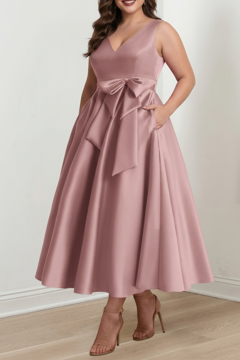 A-Line/Princess V-Neck Sleeveless Ankle-Length Plus Size Mother of the Bride Dresses with Pockets & Ruffles