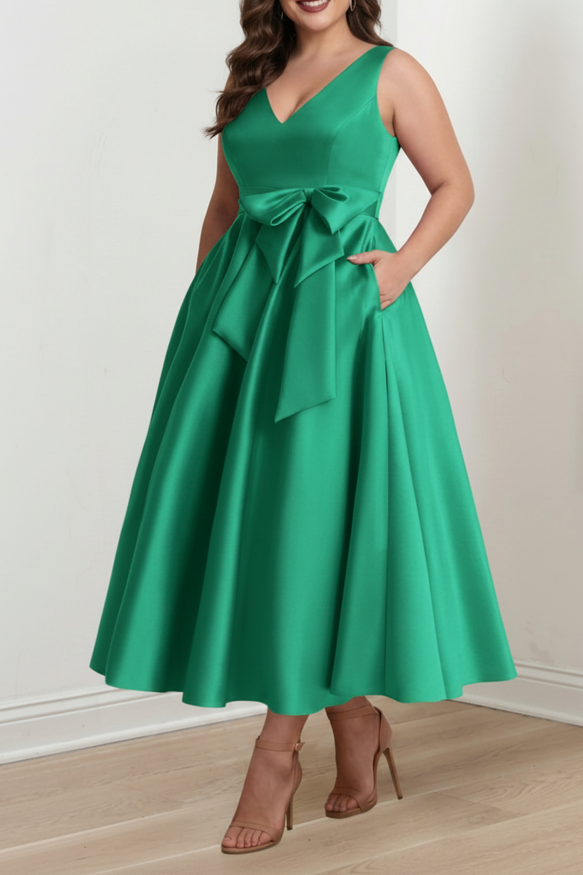 A-Line/Princess V-Neck Sleeveless Ankle-Length Plus Size Mother of the Bride Dresses with Pockets & Ruffles