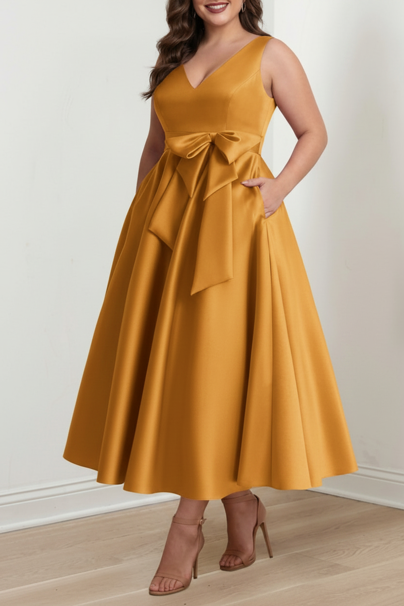 A-Line/Princess V-Neck Sleeveless Ankle-Length Plus Size Mother of the Bride Dresses with Pockets & Ruffles