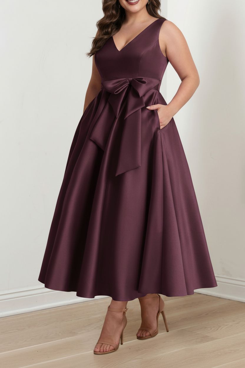 A-Line/Princess V-Neck Sleeveless Ankle-Length Plus Size Mother of the Bride Dresses with Pockets & Ruffles