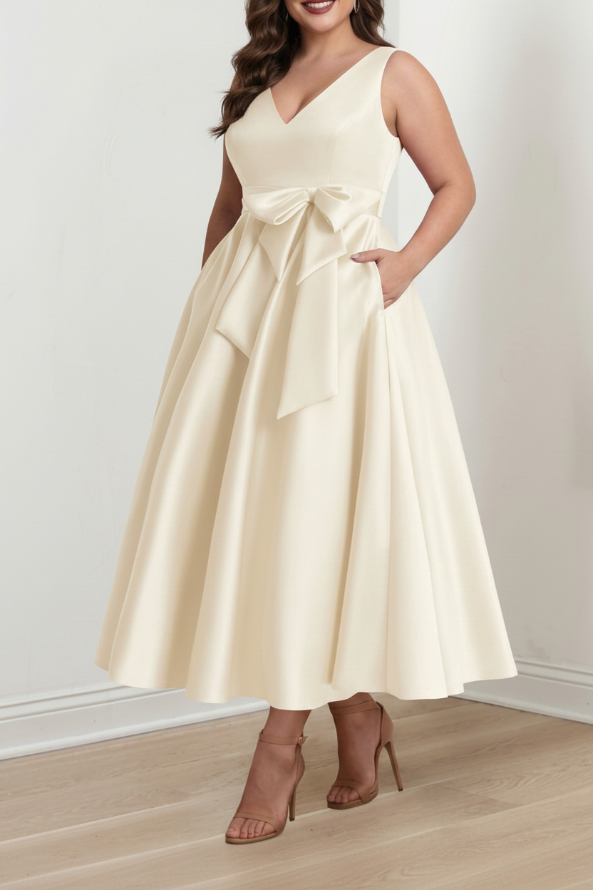 A-Line/Princess V-Neck Sleeveless Ankle-Length Plus Size Mother of the Bride Dresses with Pockets & Ruffles