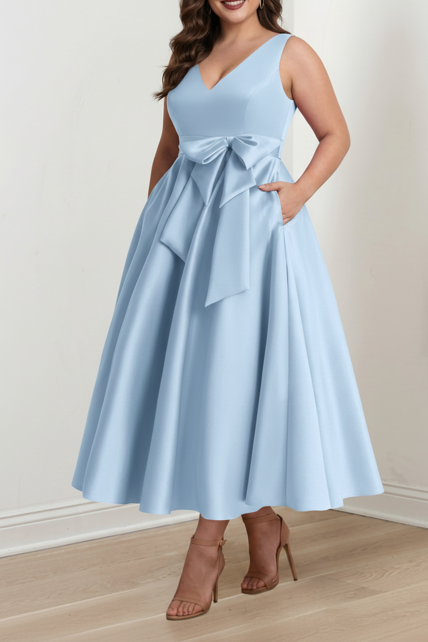 A-Line/Princess V-Neck Sleeveless Ankle-Length Plus Size Mother of the Bride Dresses with Pockets & Ruffles